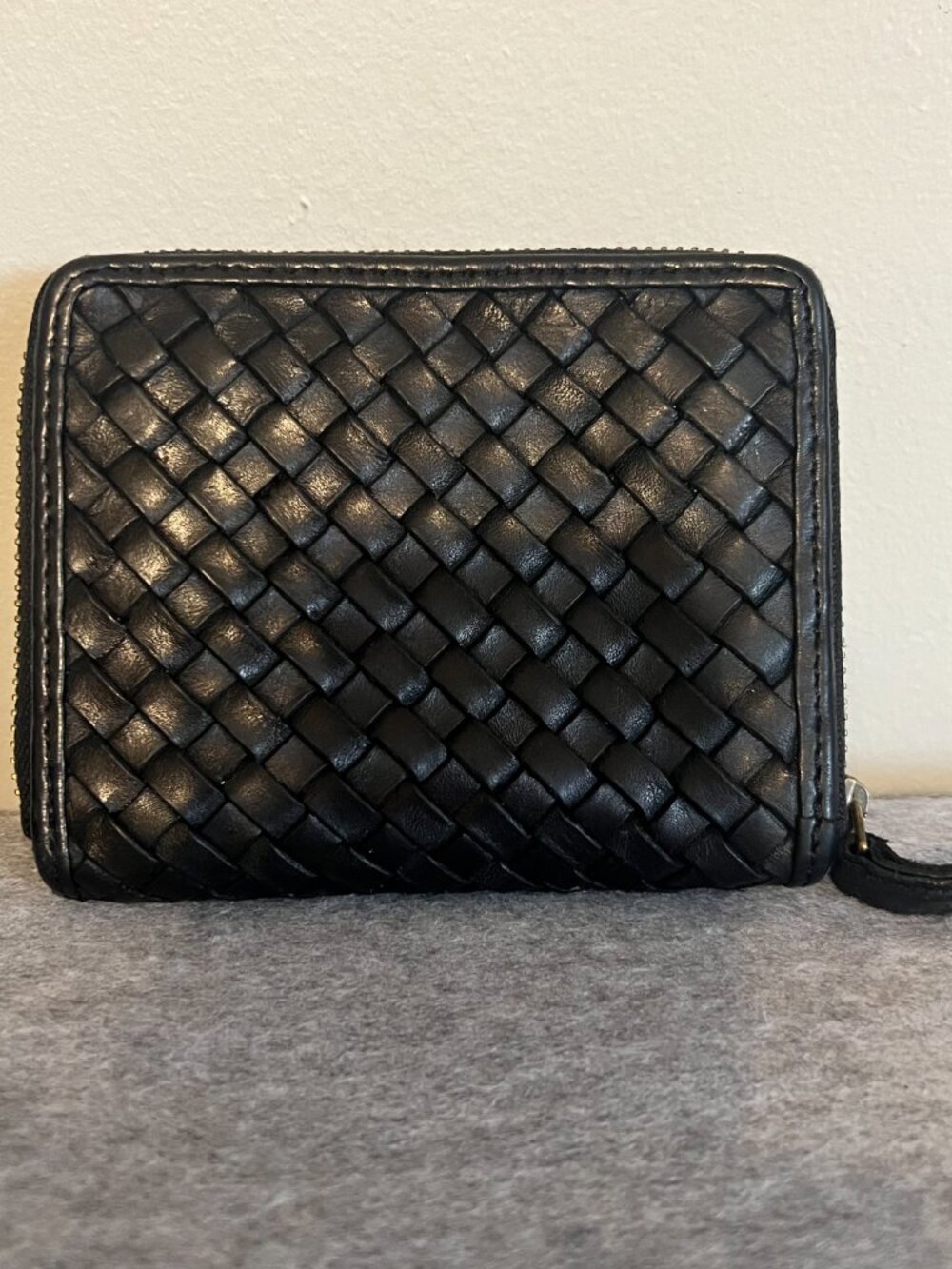 Black Woven Zip Around Wallet | Faux Bottega Style | Organizer Clutch